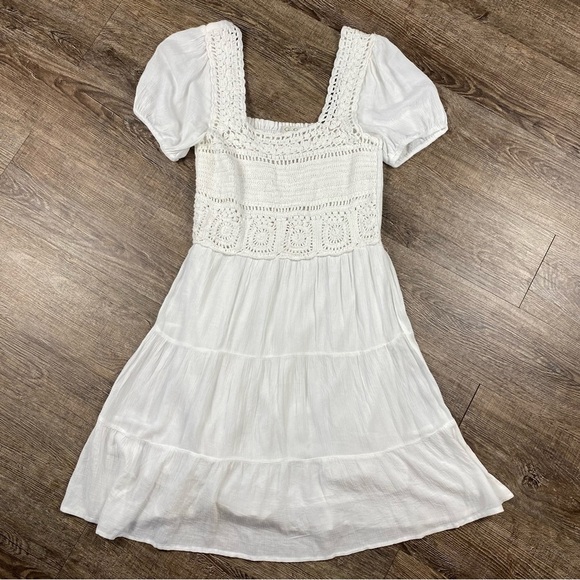 Jessica Simpson Dress Women M White Square Neck Tiered Rayon Lined Mini Crochet - Picture 2 of 10